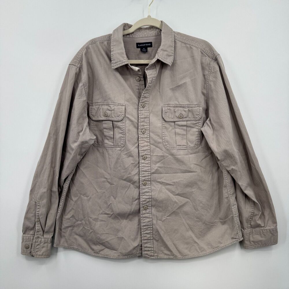Lands End Mens XL 17-17 1/2 100% Cotton Heavy weight button down shirt khaki